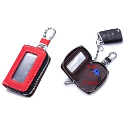 Genuine Leather Smart Car Key Case Chrome-plated Holder Red with Black Zipper