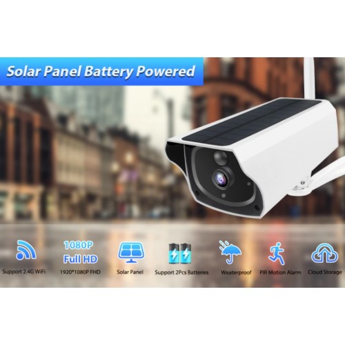 Outdoor Solar-Panel Battery Powered Security IP Surveillance Wifi Outdoor IP66 Waterprrof Camera 1080P with PIR Motion Alarm Including 2 18650 Rechargeable Battery (No DC)